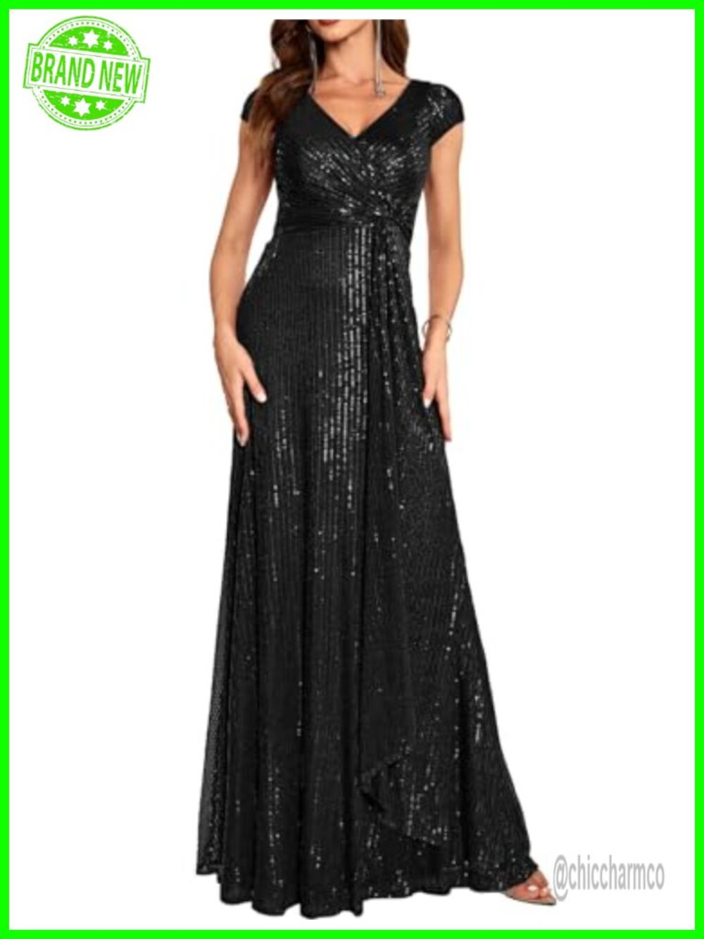 Sequin Maxi Dress V Neck Cap Sleeve Formal Evening Gown with Slit